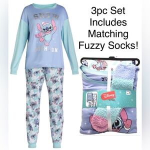 Disney Womens 3pc Stitch Lounge Pajama Top & Pants w/ Socks Set Size Medium 8-10